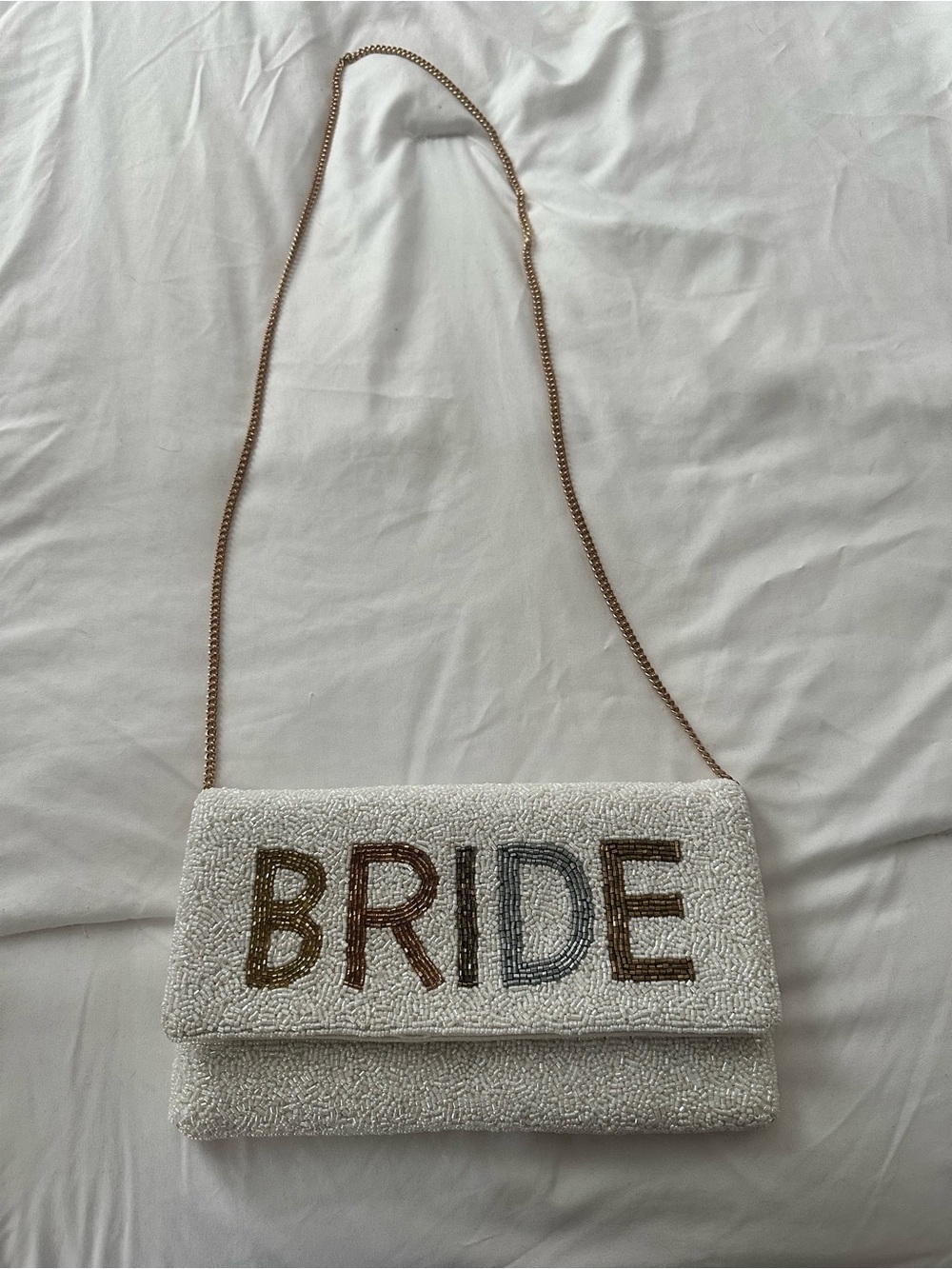 Beaded 'BRIDE' White Crossbody Clutch